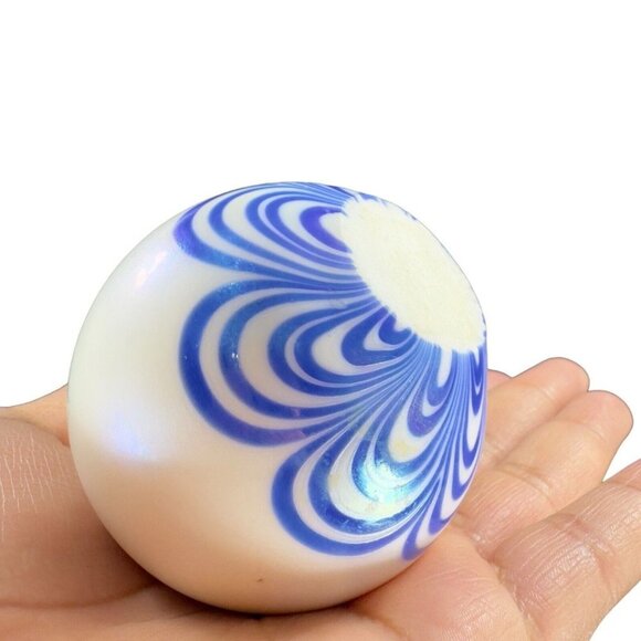 Vintage Art Glass Paperweight Round Orb White Iridescent With Blue Swirls Lines - Picture 3 of 13